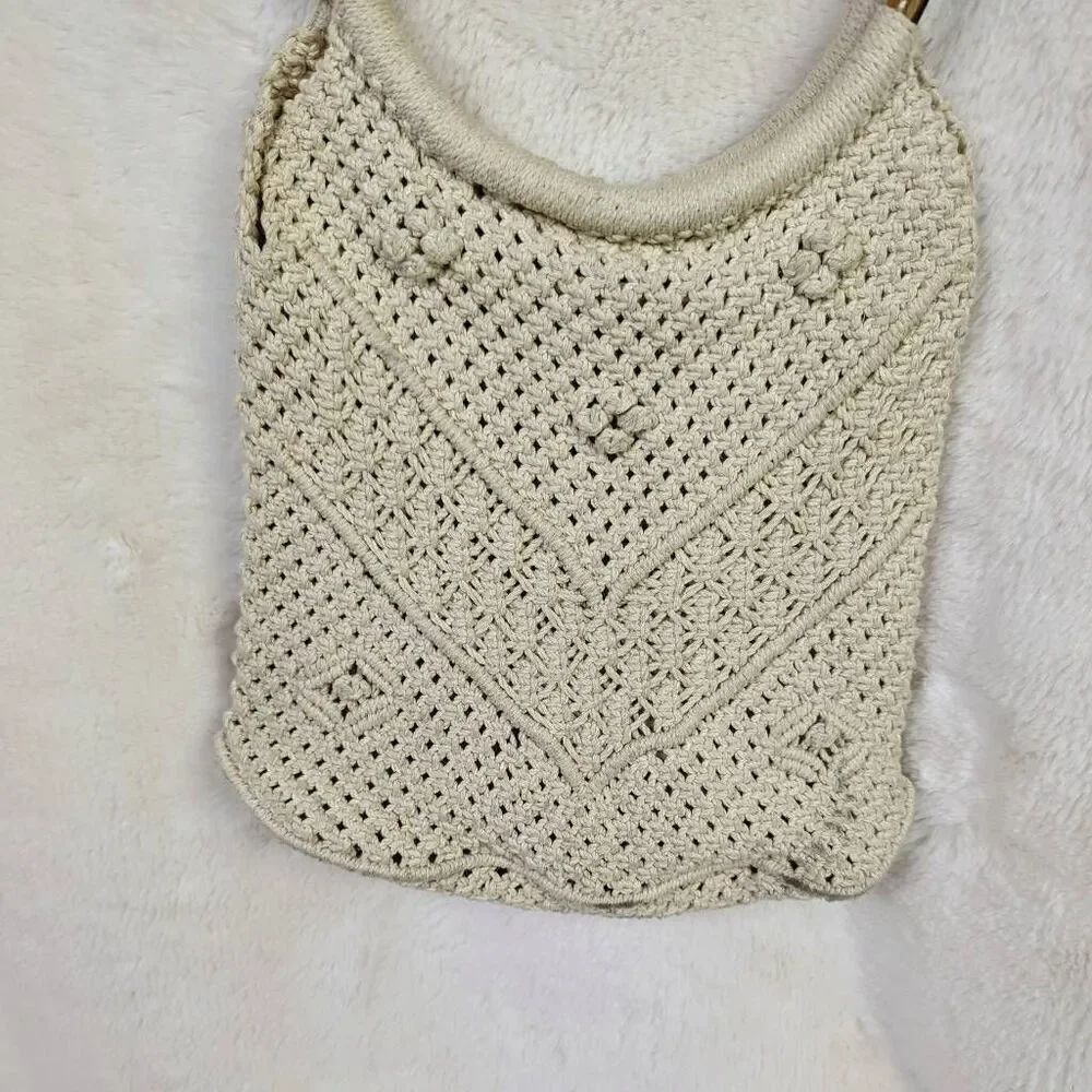 Macrame Bag Natural Crochet Woven Handbag Wood Ring Purse Boho Hand Made - Picture 3 of 9